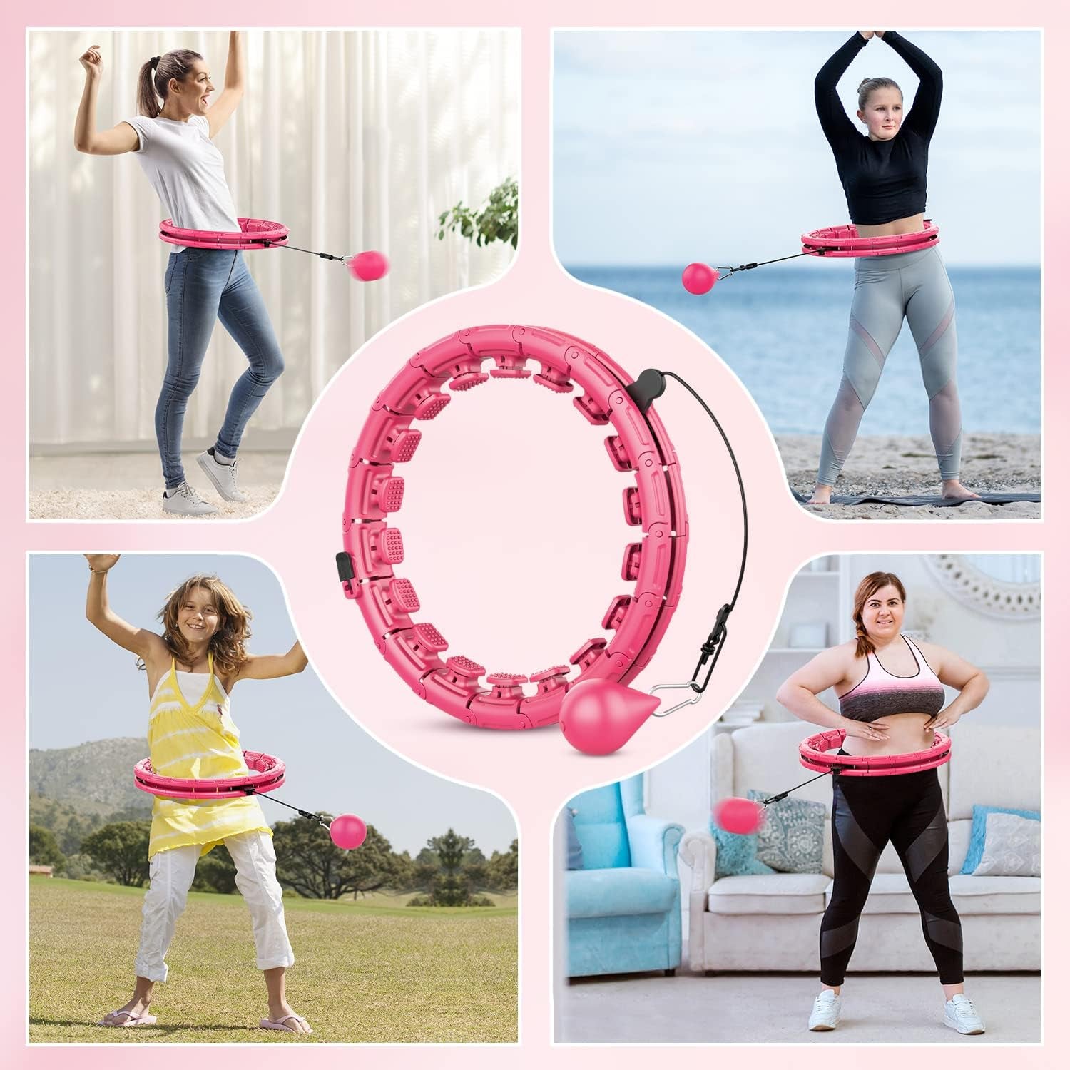 Hoola-Hoop-Weighted-For-Adults-And-Kids - Weight Loss Pilates Trainer Circle 27 Sections Detachable Knots Fitness& Massage Abdomen Exercise Hoops(Pink)